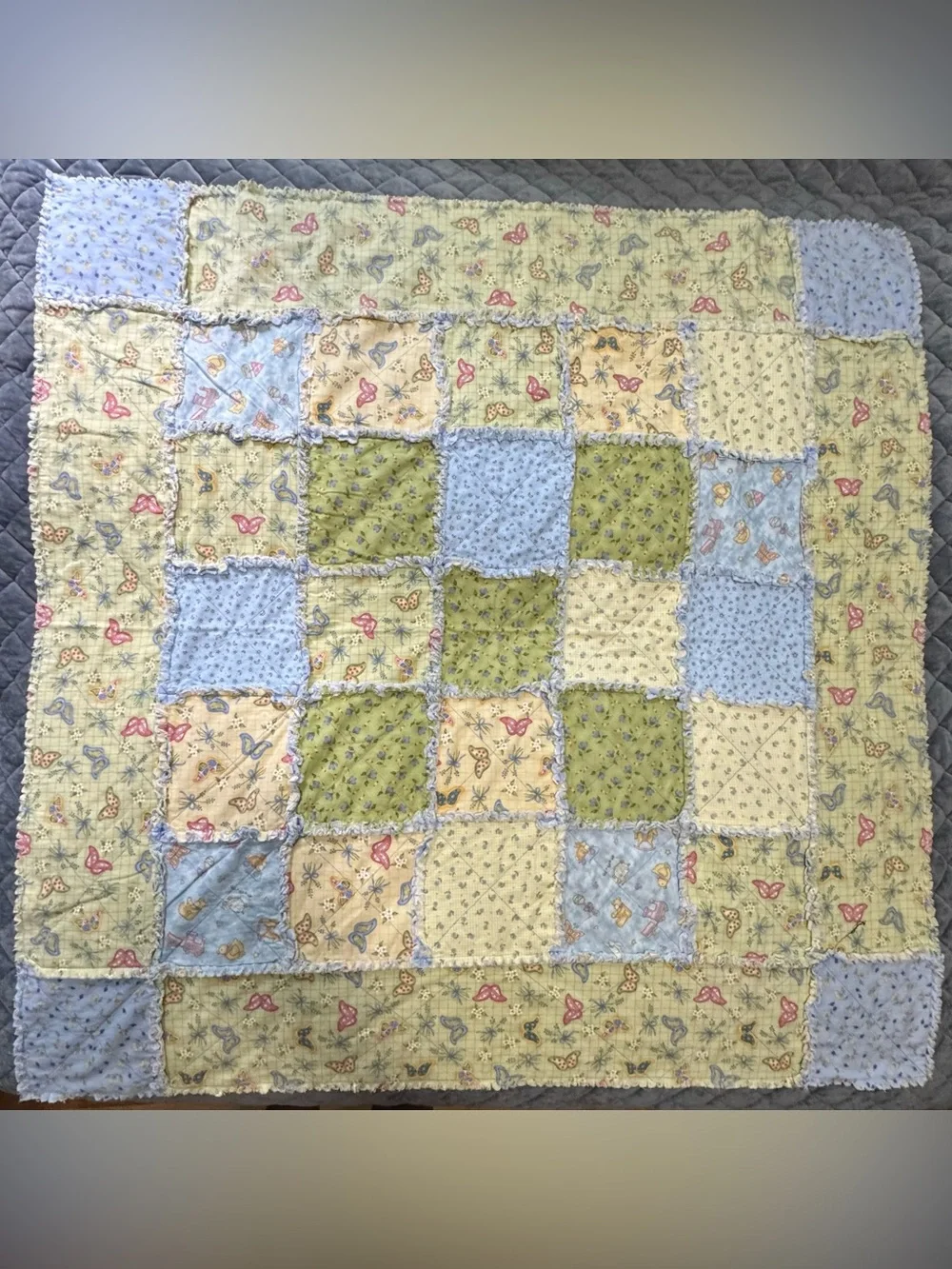 VTG 2004 Quilt Handmade Patchwork Baby Blanket Pastel Blue Yellow 48